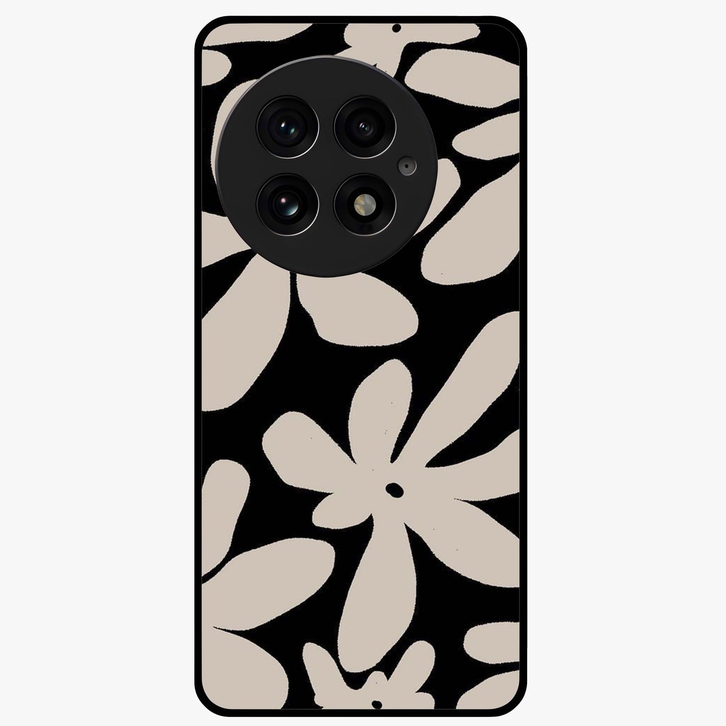 Monochrome Petal Dance Glass Case for 1+13 artistic front view featuring black and white floral artwork