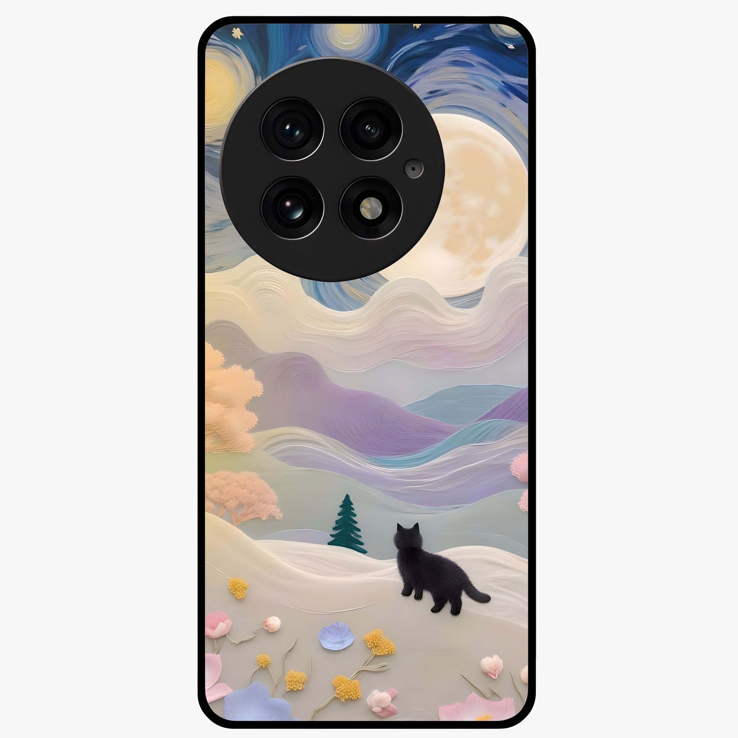 Moonlit Petal Path Glass Case for 1+13 artistic front view featuring floral pathway artwork under soft moonlight