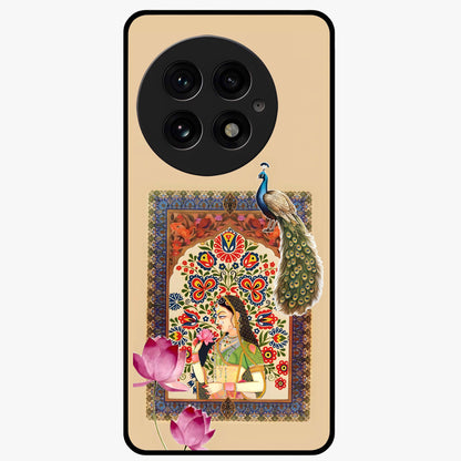 Mughal Princess and Peacock Glass Case for 1+13 royal front view featuring intricate princess and peacock artwork
