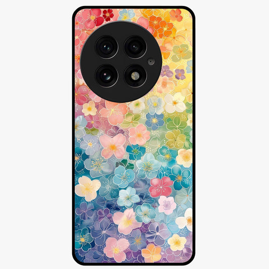 Multiple Background With Flower Glass Case for 1+13 vibrant front view featuring layered floral artwork on mixed backgrounds