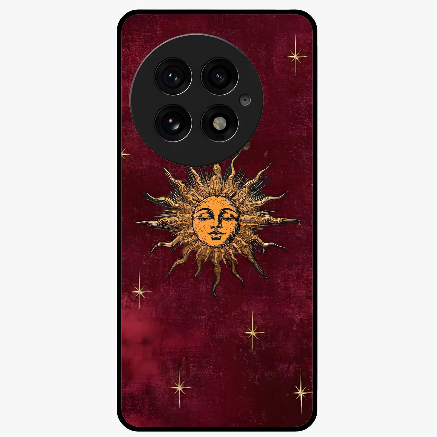 Mystic Solar Glow Glass Case for 1+13 radiant front view featuring glowing sun inspired mystical artwork