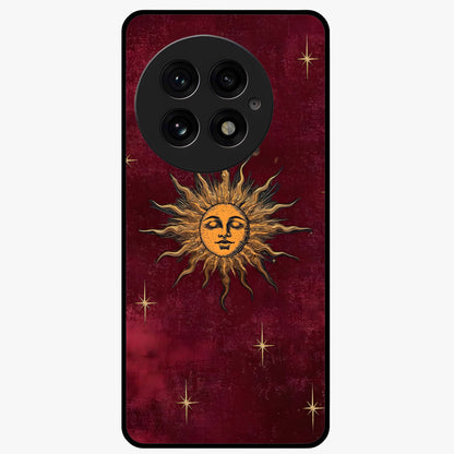 Mystic Solar Glow Glass Case for 1+13 radiant front view featuring glowing sun inspired mystical artwork