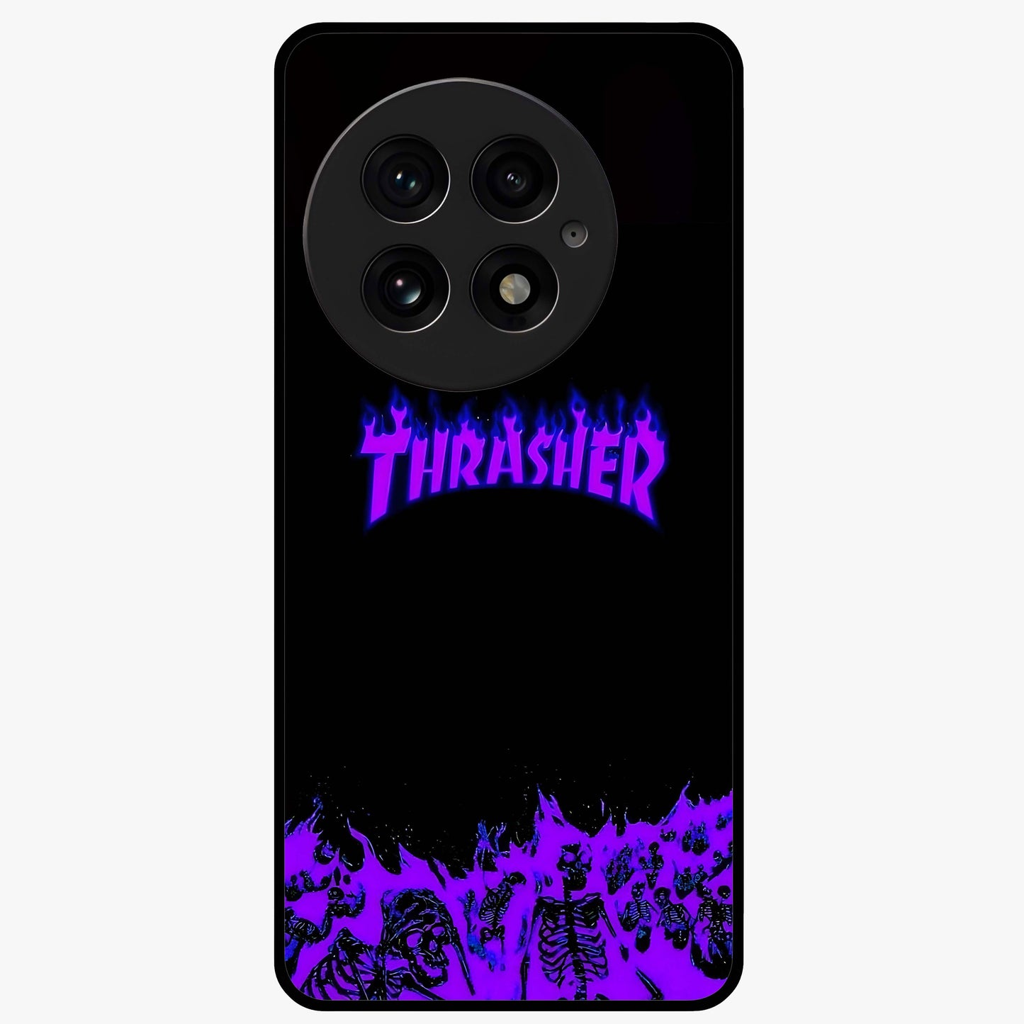 Neon Flame Riot Glass Case for 1+13 intense front view featuring blazing neon flame artwork