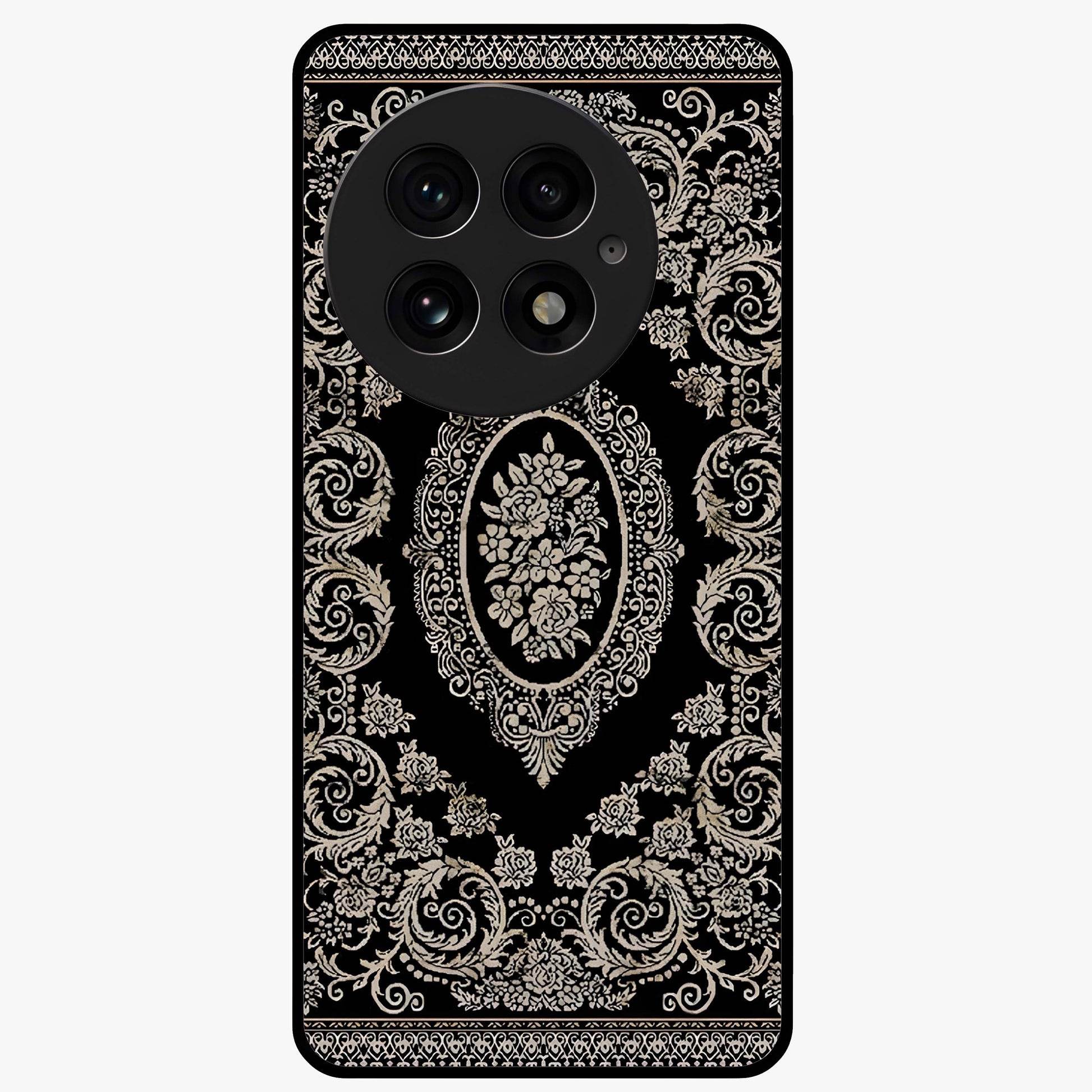 Noir Bloom Elegance Glass Case for 1+13 elegant front view featuring dark floral artwork in noir tones
