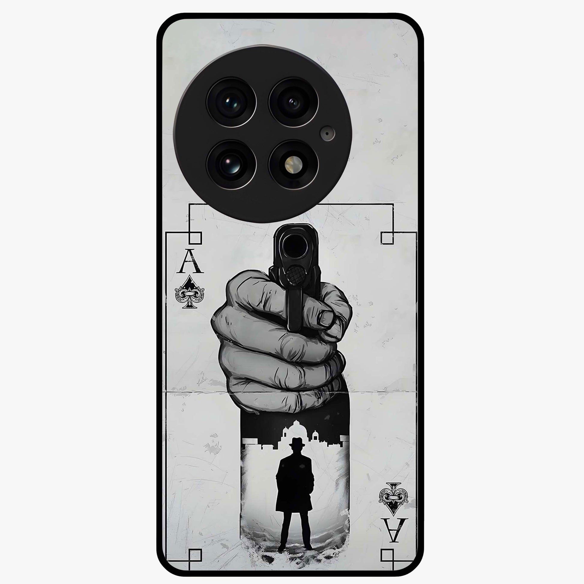 Noir Trigger Fate Glass Case for 1+13 dramatic front view featuring bold noir themed artistic artwork