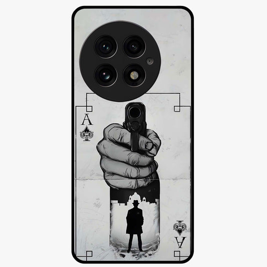 Noir Trigger Fate Glass Case for 1+13 dramatic front view featuring bold noir themed artistic artwork