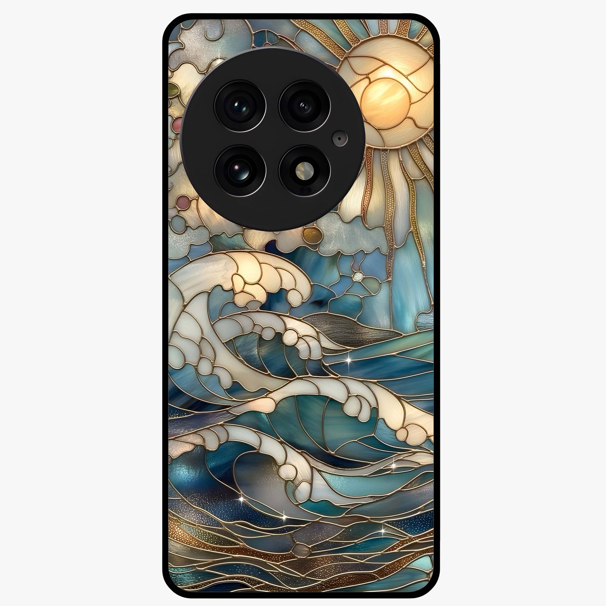 Ocean Mosaic Art Glass Case for 1+13 artistic front view featuring mosaic inspired ocean artwork