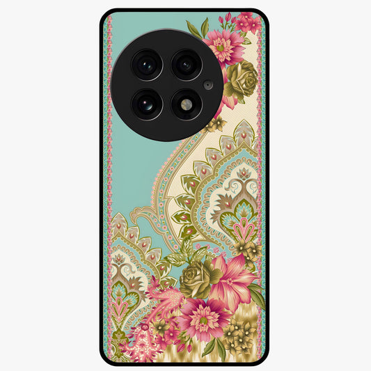 Ornate Mughal Floral Pattern Glass Case for 1+13 royal front view featuring intricate Mughal inspired floral artwork