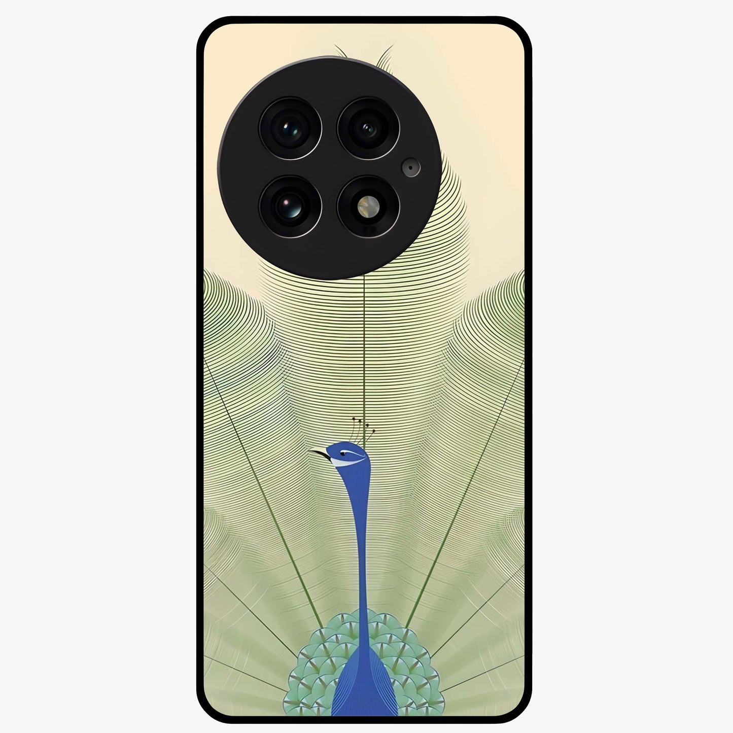 Peacock Feather Grace Glass Case for 1+13 elegant front view featuring detailed peacock feather artwork