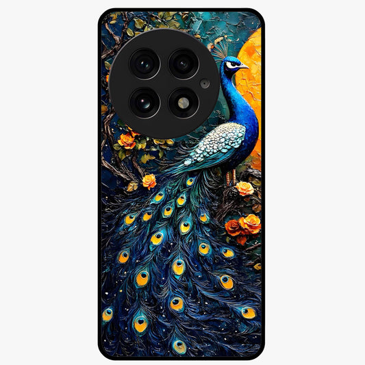 Peacock With Yellow Moon Glass Case for 1+13 striking front view featuring peacock artwork under glowing yellow moon