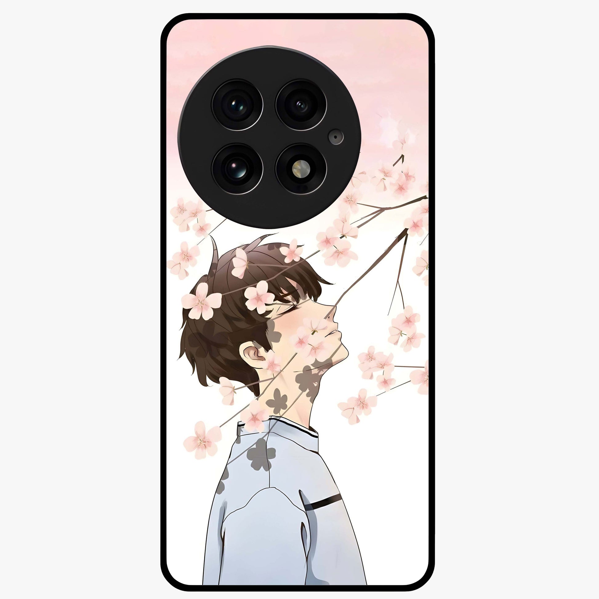 Pink Blossom Boy Glass Case for 1+13 aesthetic front view featuring illustrated character with pink floral accents