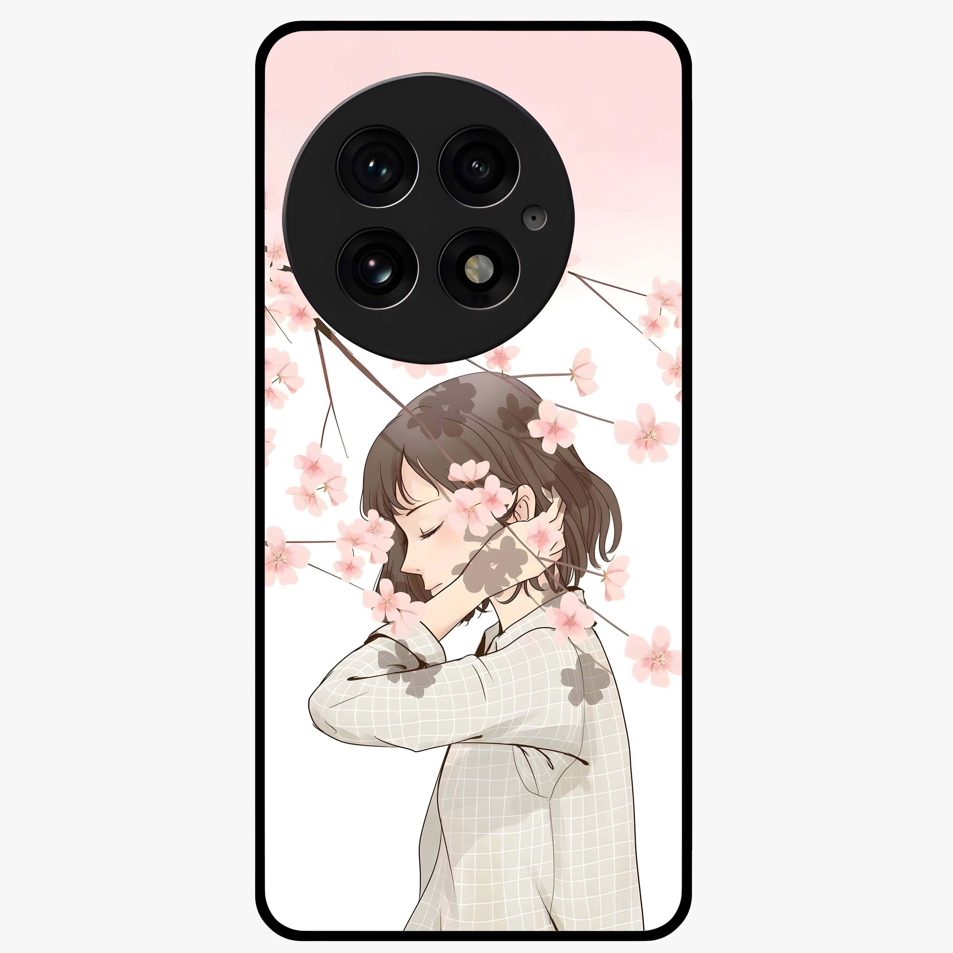 Pink Blossom Girl Glass Case for 1+13 charming front view featuring illustrated girl with pink blossom artwork