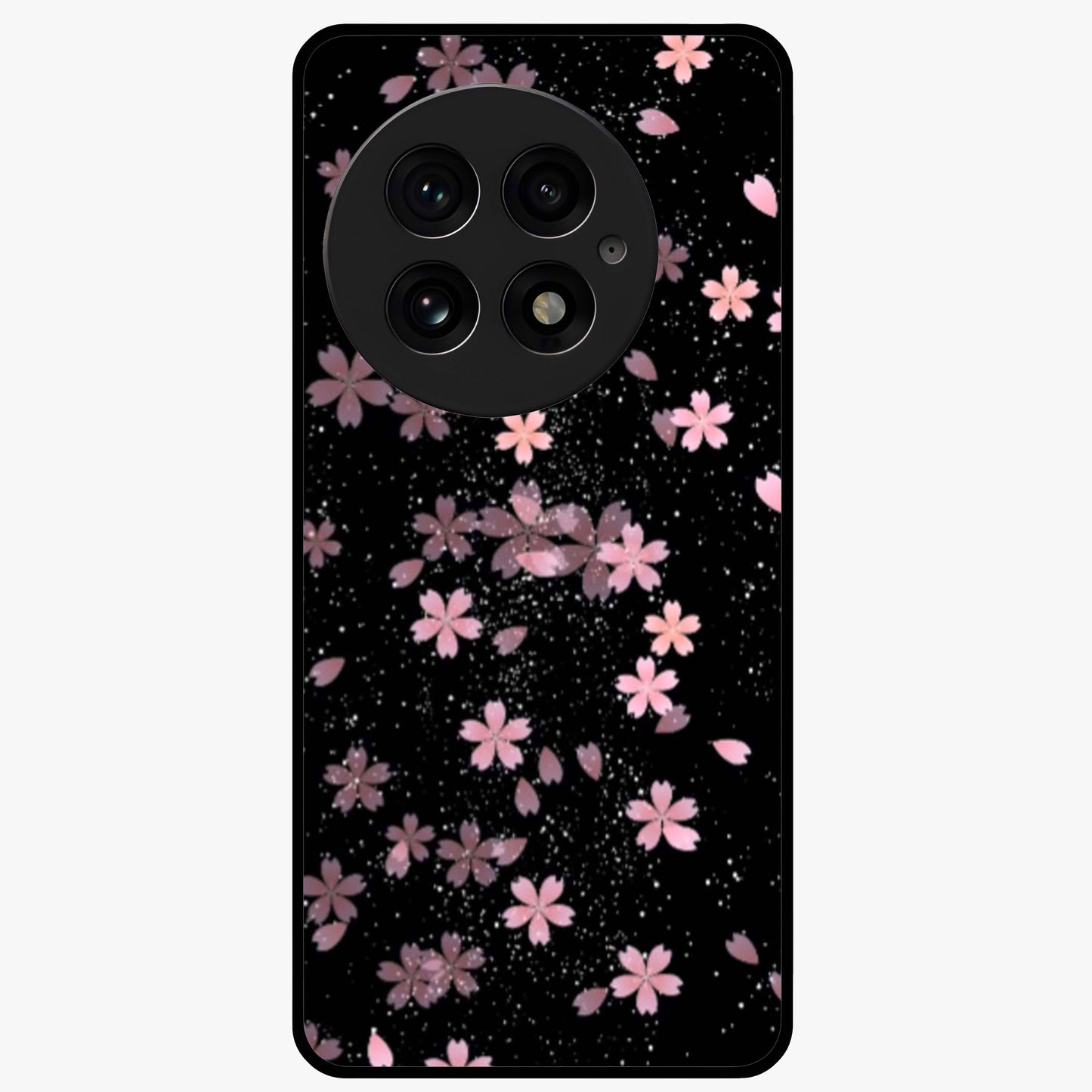 Pink Flower Black Background Glass Case for 1+13 striking front view featuring vibrant pink flower on dark backdrop