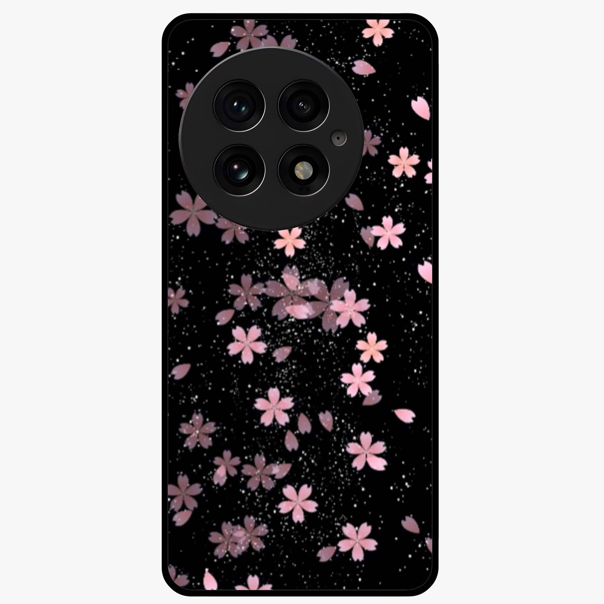 Pink Flower Black Background Glass Case for 1+13 striking front view featuring vibrant pink flower on dark backdrop