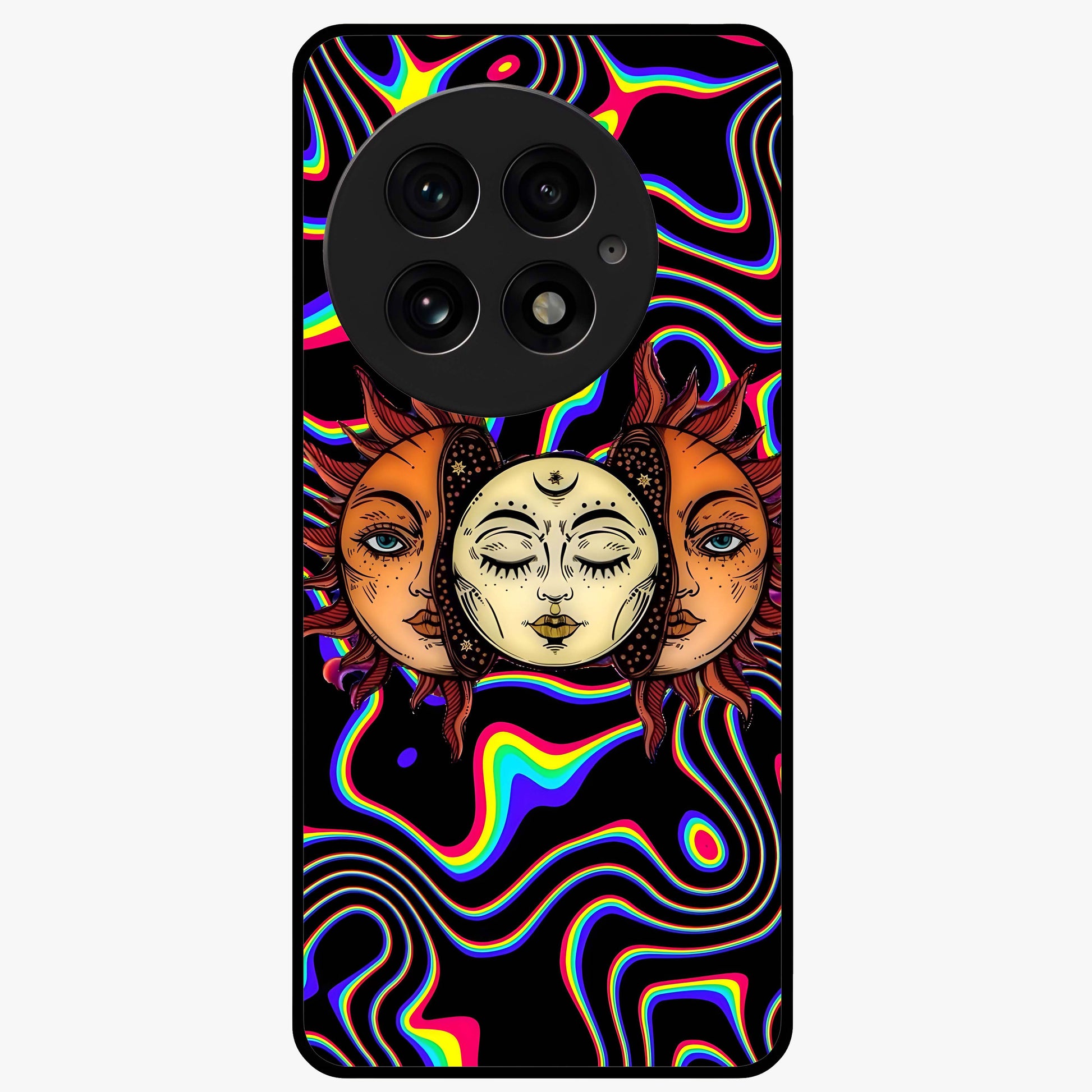 Psychedelic Sun Glass Case for 1+13 artistic front view featuring vibrant sun artwork in psychedelic colors