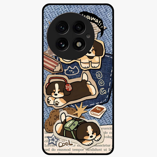 Puppy Sticker Parade Glass Case for 1+13 playful front view featuring multiple puppy sticker style artwork