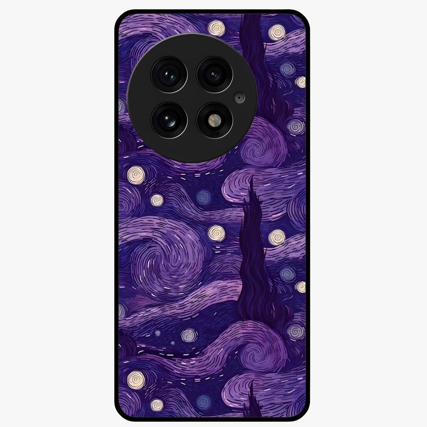 Purple Swirls Glass Case for 1+13 artistic front view featuring flowing swirl artwork in rich purple tones