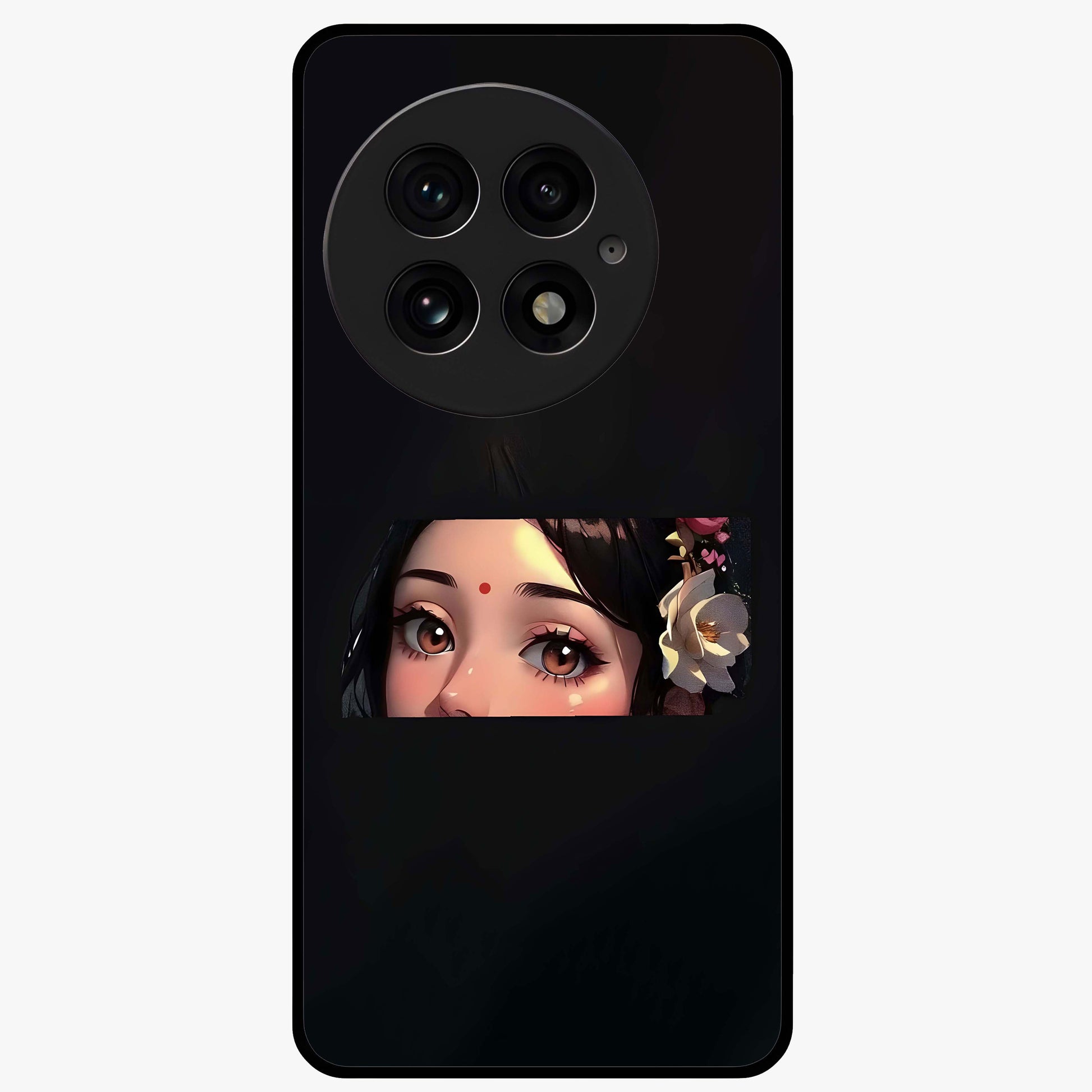 Radha Divine Embrace Glass Case for 1+13 devotional front view featuring graceful Radha inspired artwork