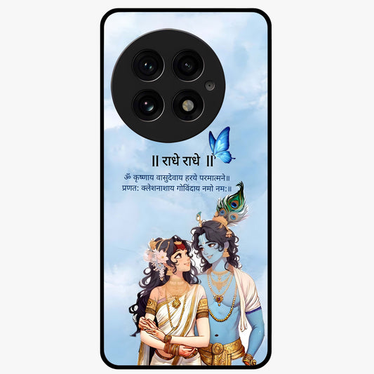 Radha Krishna Eternal Glass Case for 1+13 serene front view featuring timeless Radha Krishna devotional artwork