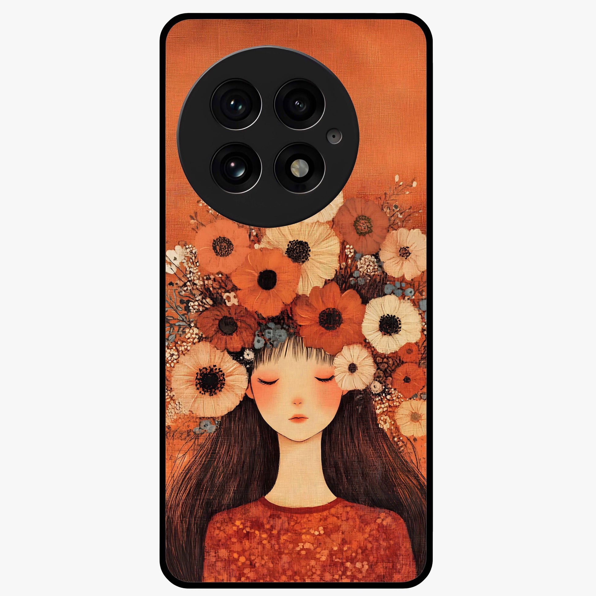 Radiant Flower Thoughts Glass Case for 1+13 soft front view featuring delicate floral artwork with artistic vibe