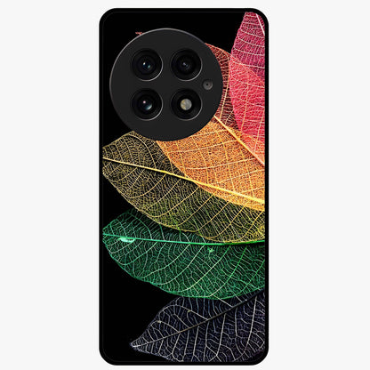 Rainbow Leaf Glow Glass Case for 1+13 colorful front view featuring vibrant leaf artwork with glowing effect