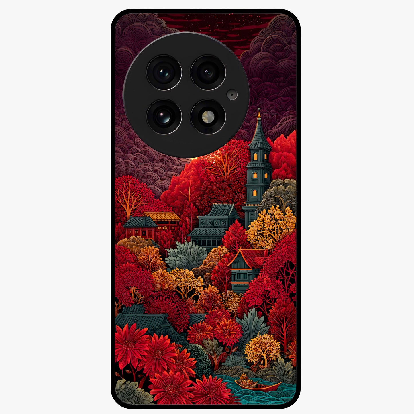 Red Scenery Hot Glass Case for 1+13 dramatic front view featuring bold red landscape artwork