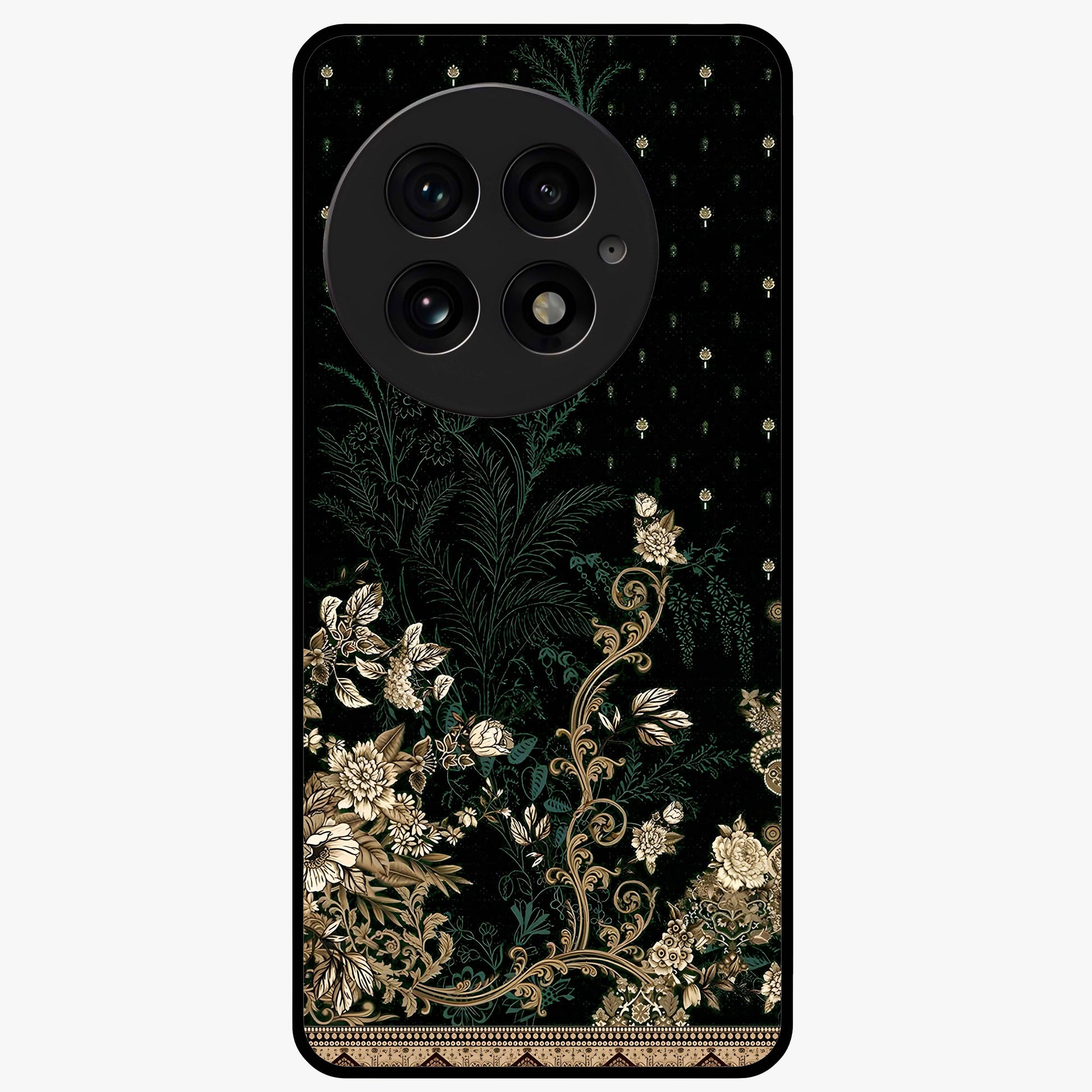 Regal Botanical Tapestry Glass Case for 1+13 luxurious front view featuring intricate botanical tapestry artwork
