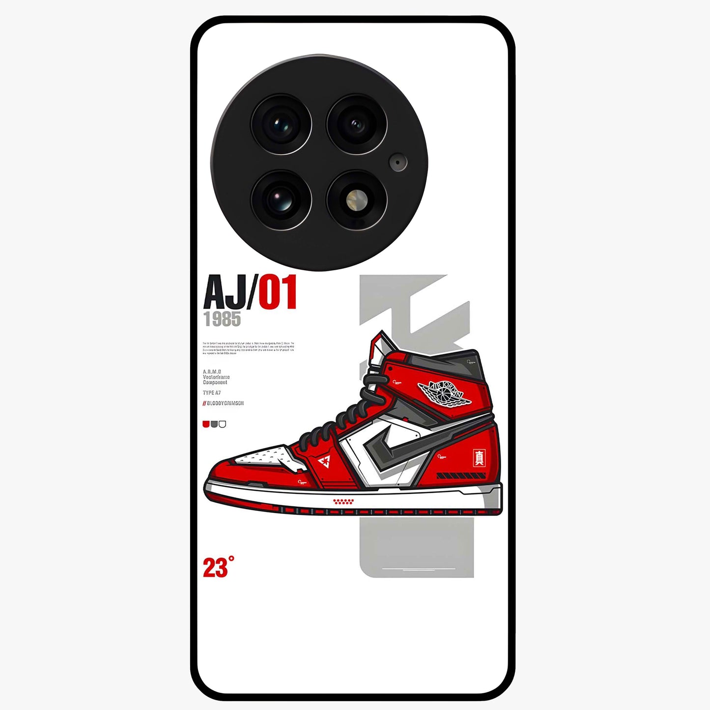 Retro Sneaker Blueprint Glass Case for 1+13 bold front view featuring sneaker blueprint style artwork