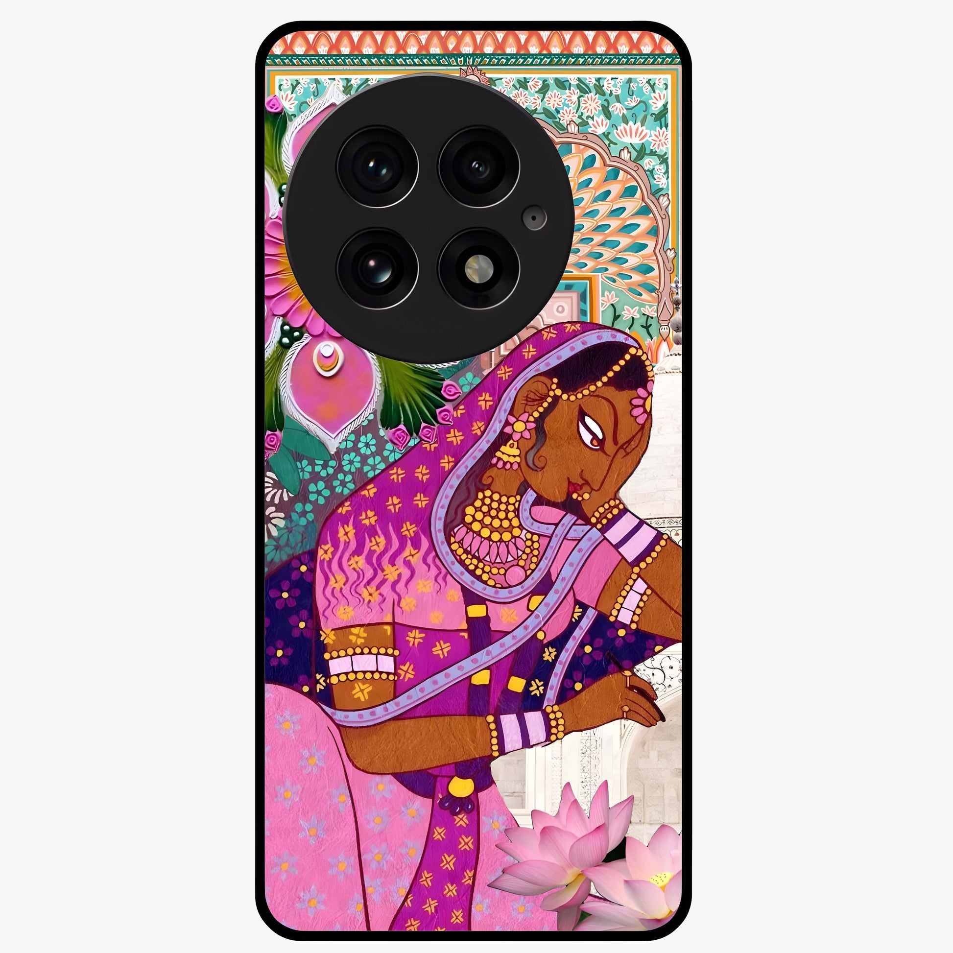 Royal Lotus Muse Glass Case for 1+13 graceful front view featuring lotus artwork with regal detailing