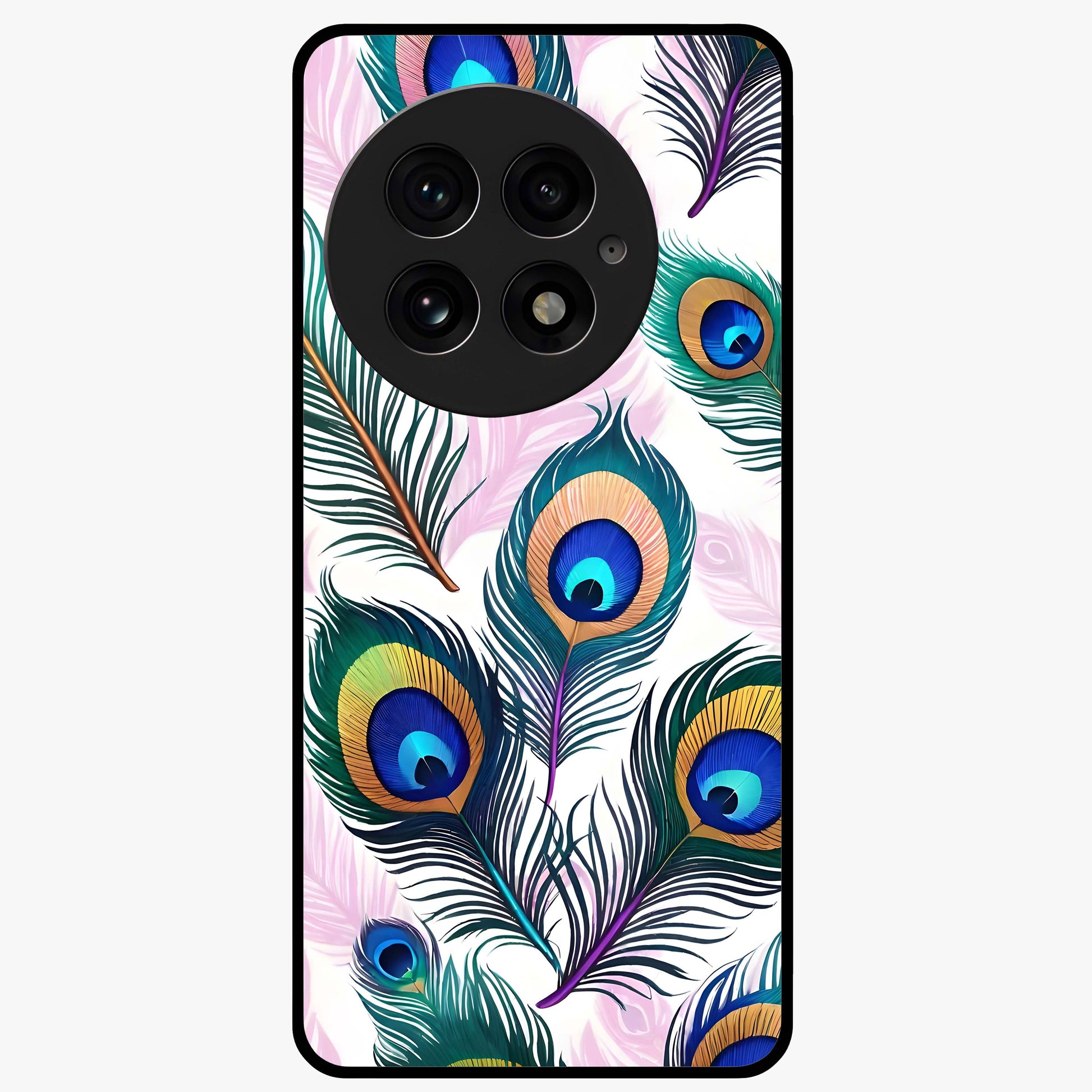 Royal Peacock Feathers Glass Case for 1+13 vibrant front view featuring detailed peacock feather artwork