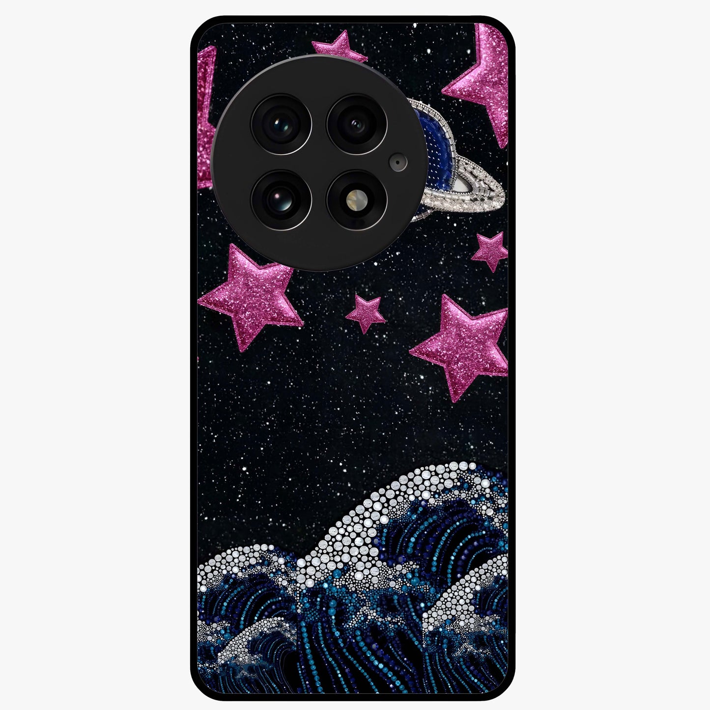 Saturn Pink Storm Glass Case for 1+13 bold front view featuring cosmic Saturn artwork in vibrant pink tones