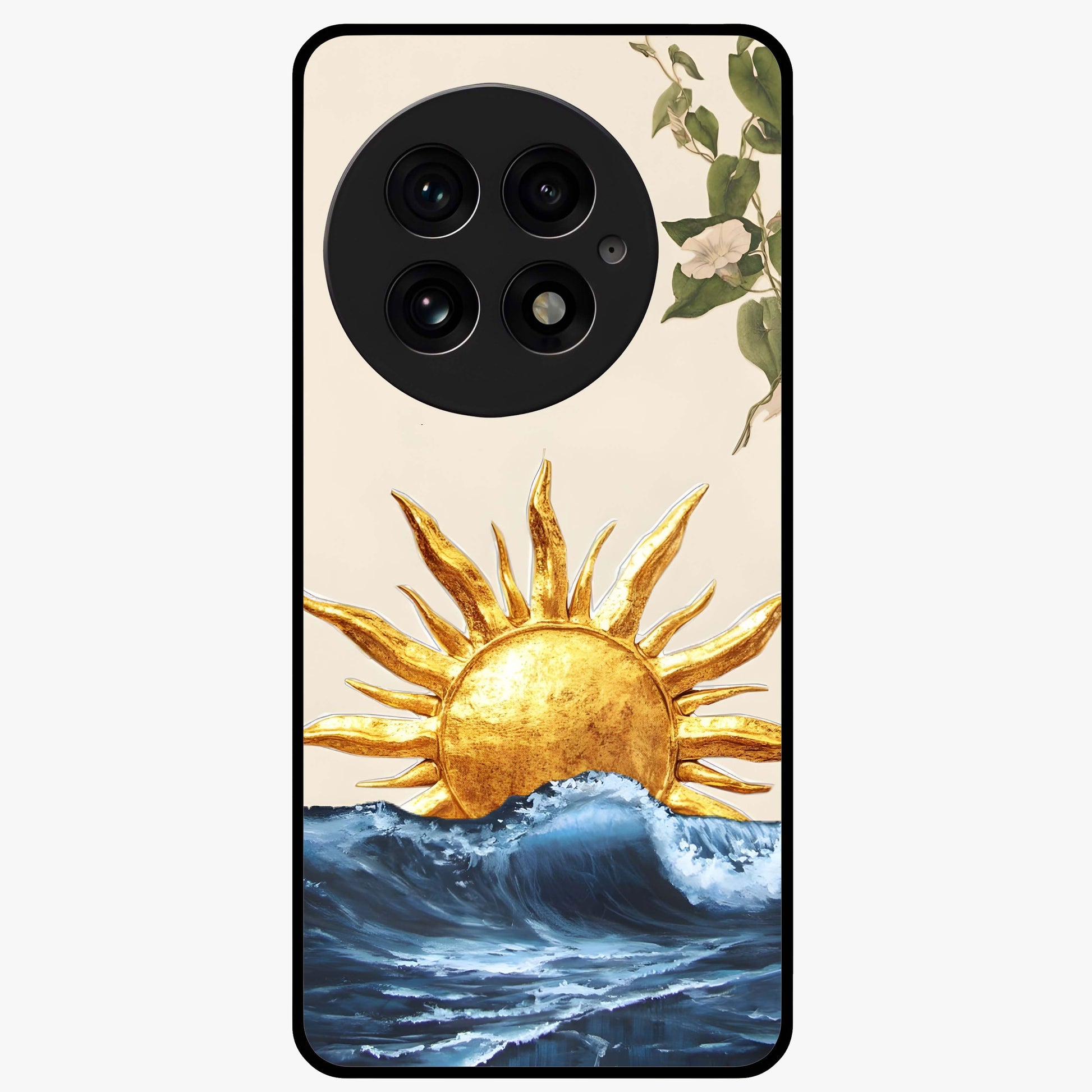 Solar Wave Bloom Glass Case for 1+13 vibrant front view featuring floral artwork blended with solar wave patterns