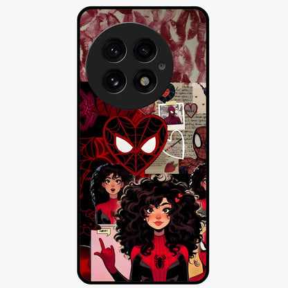 Spider Love Story Glass Case for 1+13 bold front view featuring superhero inspired romantic artwork