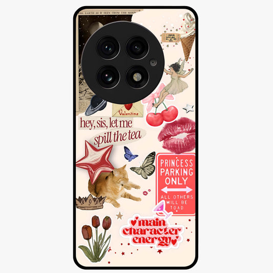 Spill the Tea Retro Collage Glass Case for 1+13 playful front view featuring vintage style collage artwork