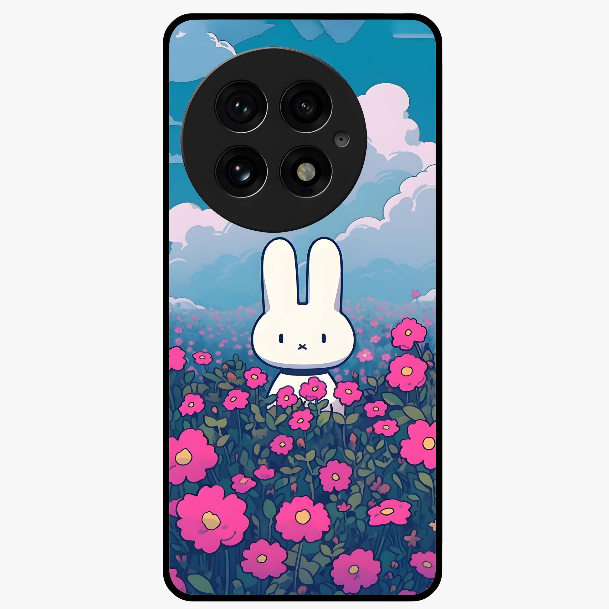 Springtime Blossom Bunny Glass Case for 1+13 adorable front view featuring bunny artwork with spring floral accents