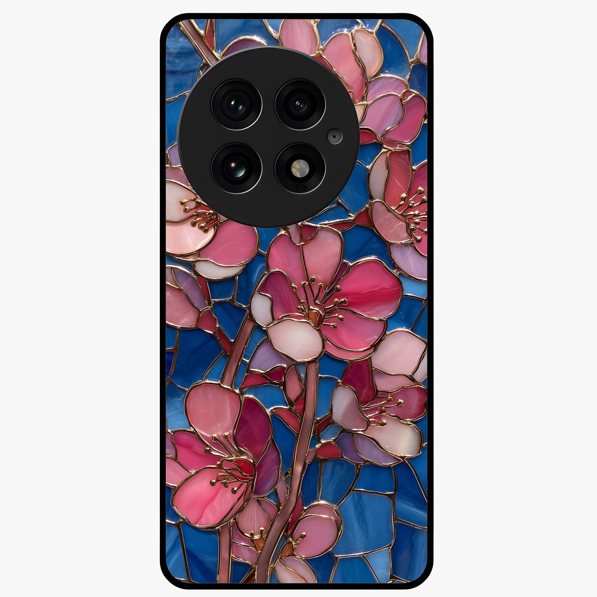 Stained Bloom Grace Glass Case for 1+13 elegant front view featuring stained glass inspired floral artwork