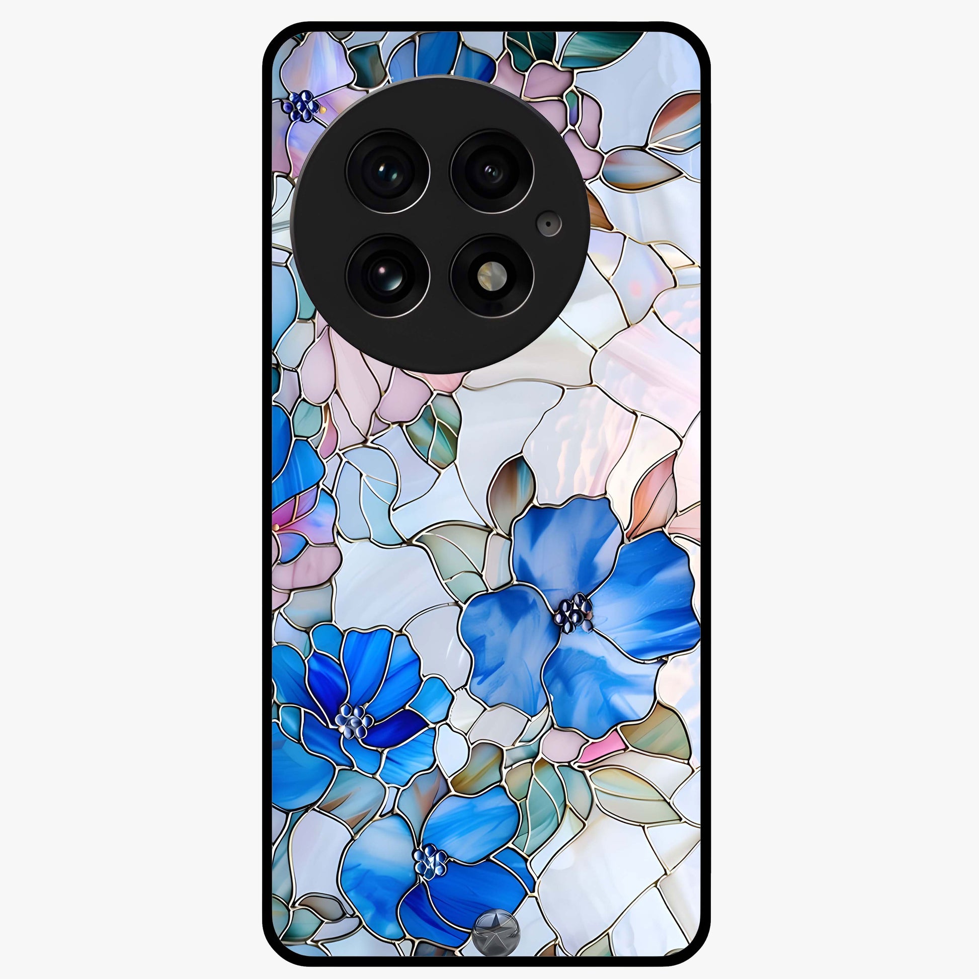 Stained Blue Floral Glass Case for 1+13 elegant front view featuring blue stained glass inspired floral artwork