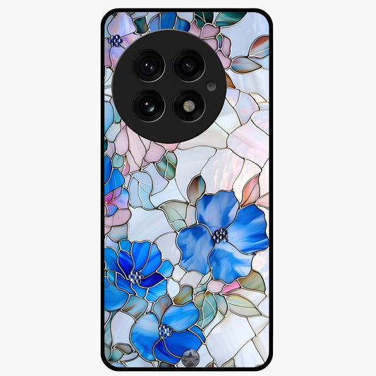 Stained Blue Floral Glass Case for 1+13 elegant front view featuring blue stained glass inspired floral artwork