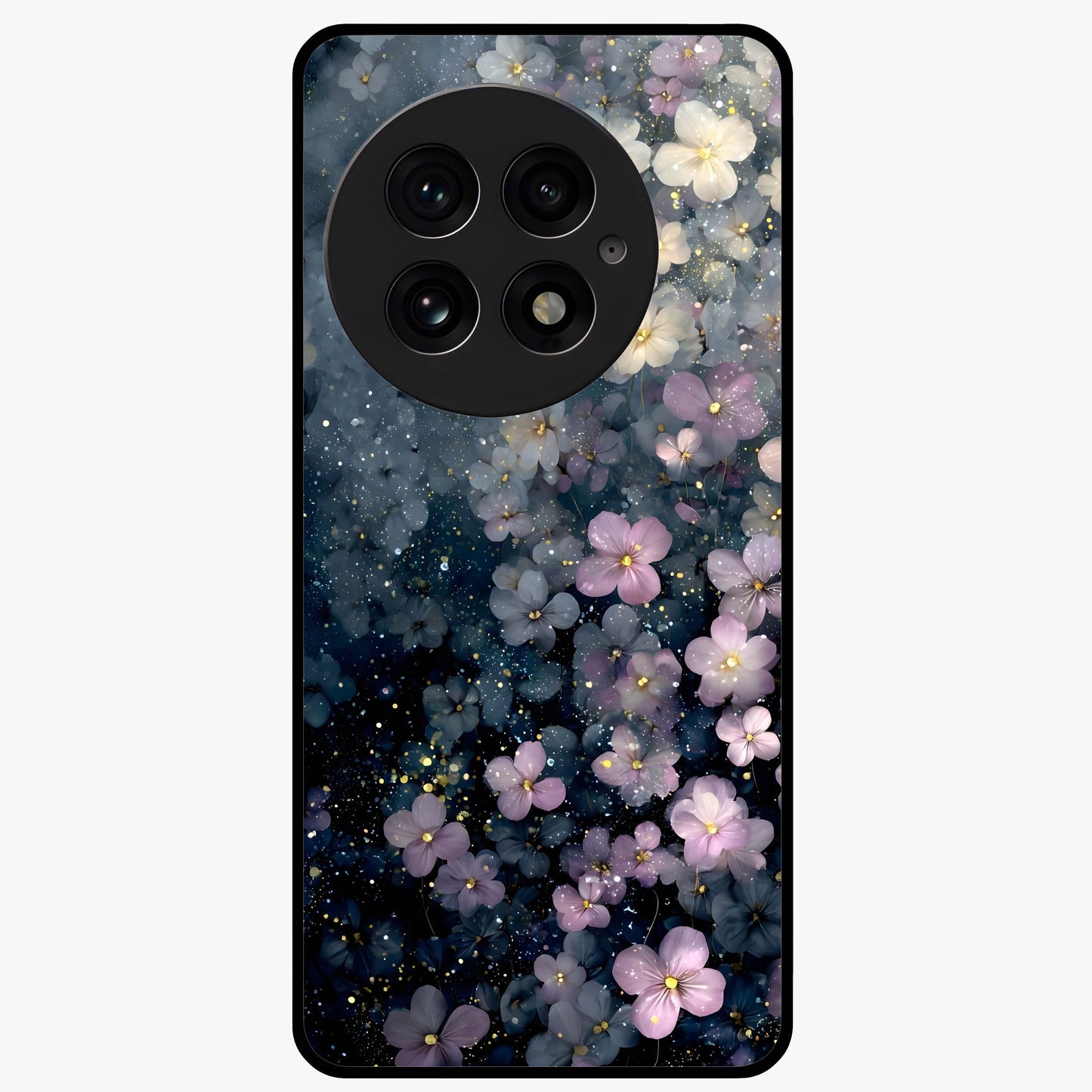 Starlit Blossom Dreams Glass Case for 1+13 dreamy front view featuring floral artwork under sparkling night sky