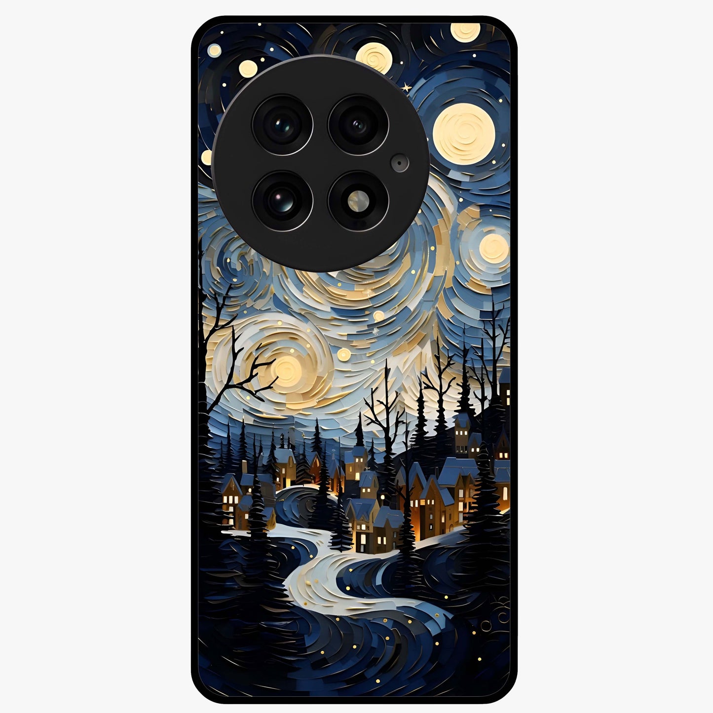 Starry Winter Town Glass Case for 1+13 scenic front view featuring snowy town artwork under sparkling night sky
