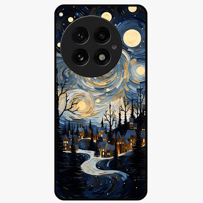 Starry Winter Town Glass Case for 1+13 scenic front view featuring snowy town artwork under sparkling night sky