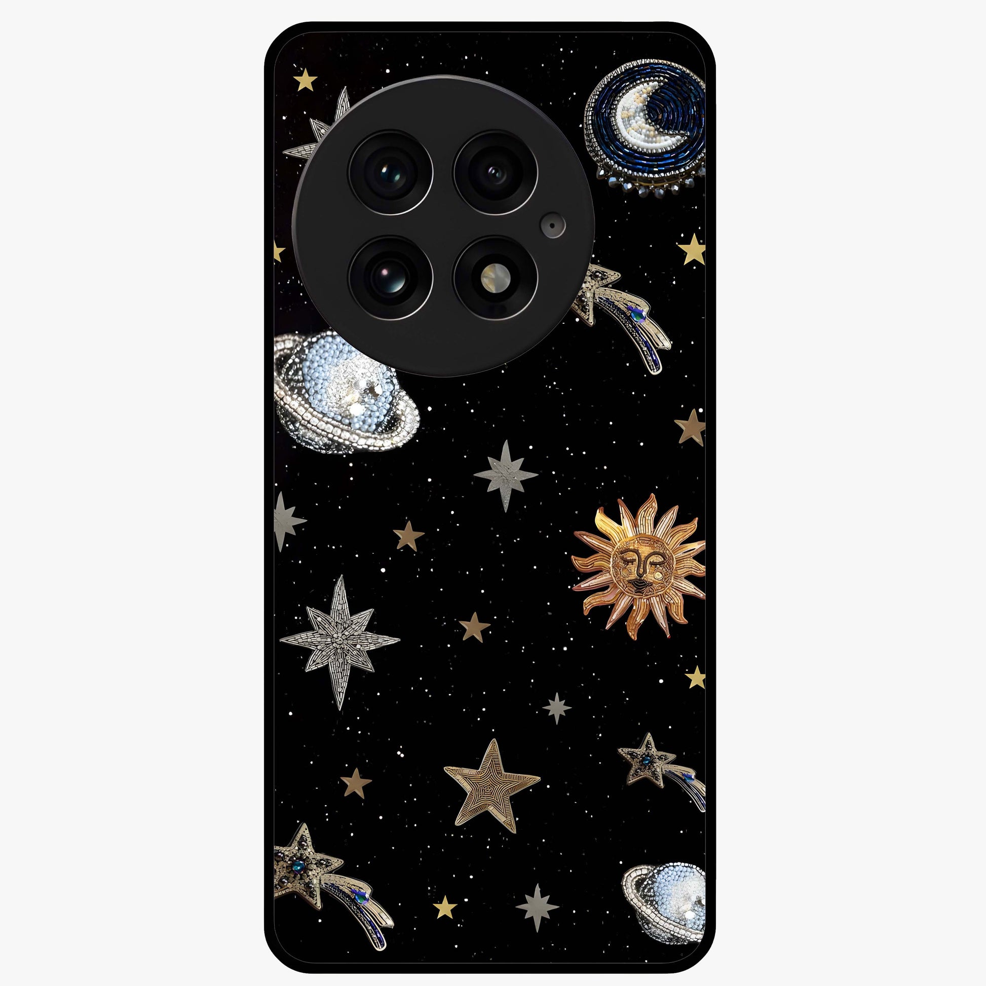 Stars and Planets Brooches Glass Case for 1+13 elegant front view featuring celestial jewelry inspired artwork