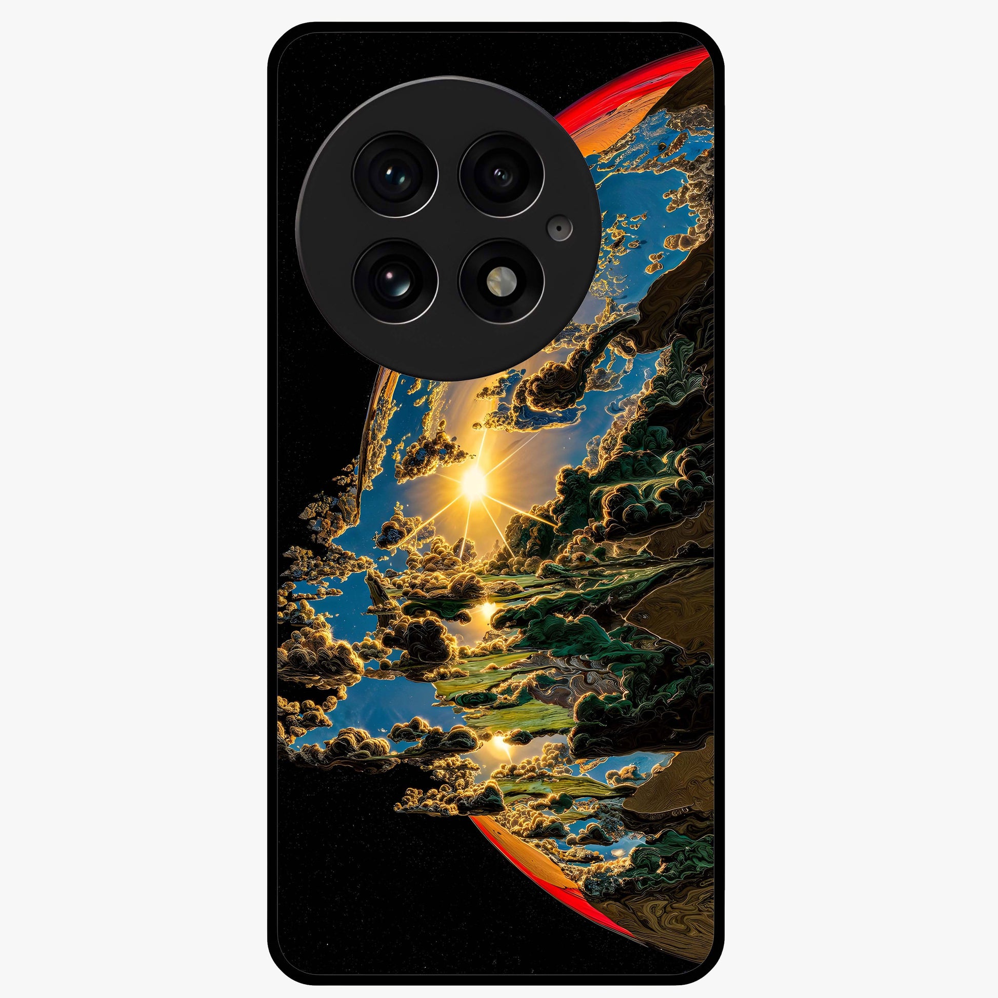 Sunrise Bursting Glass Case for 1+13 radiant front view featuring vibrant sunrise inspired artwork