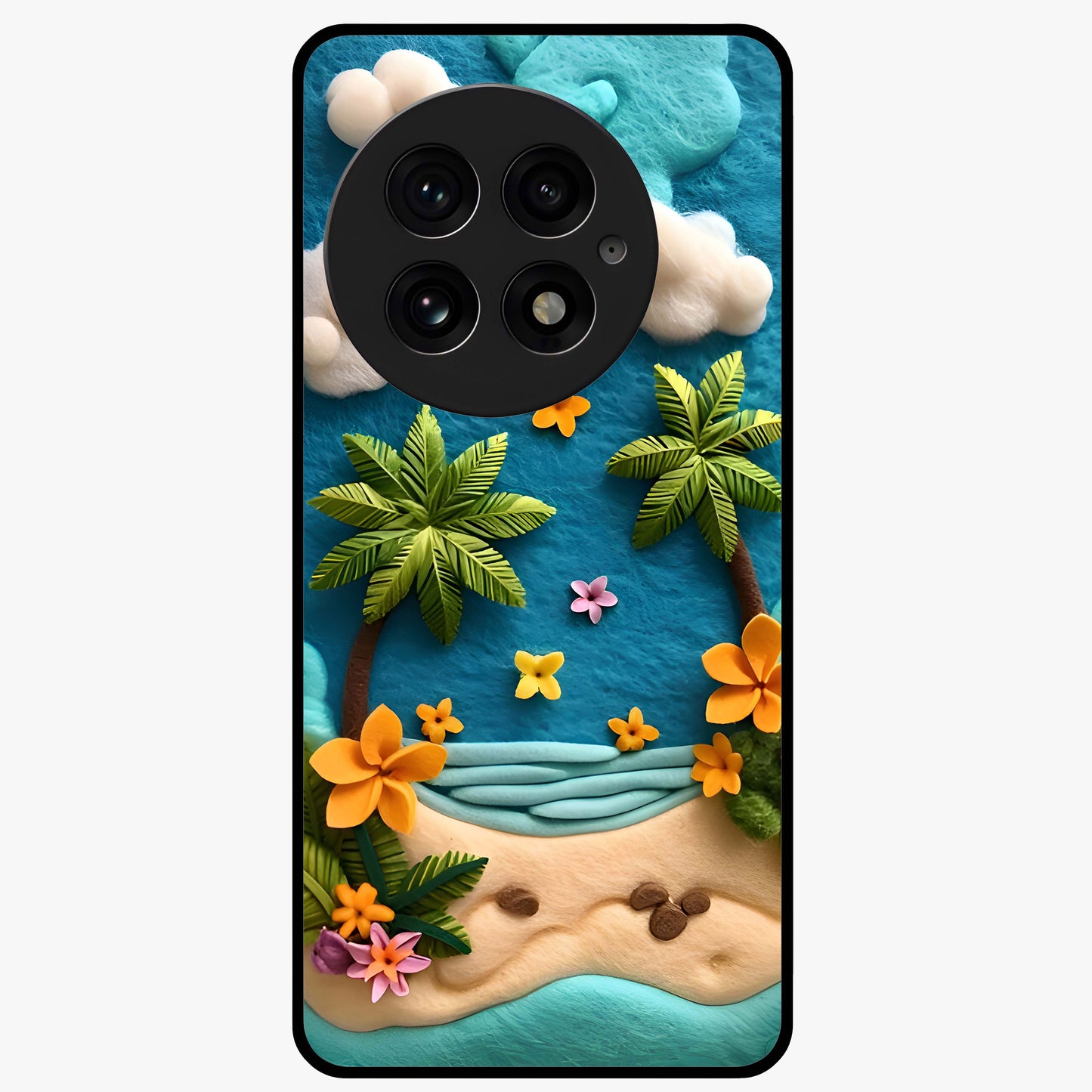 Tropical Felt Escape Glass Case for 1+13 refreshing front view featuring tropical inspired artistic artwork