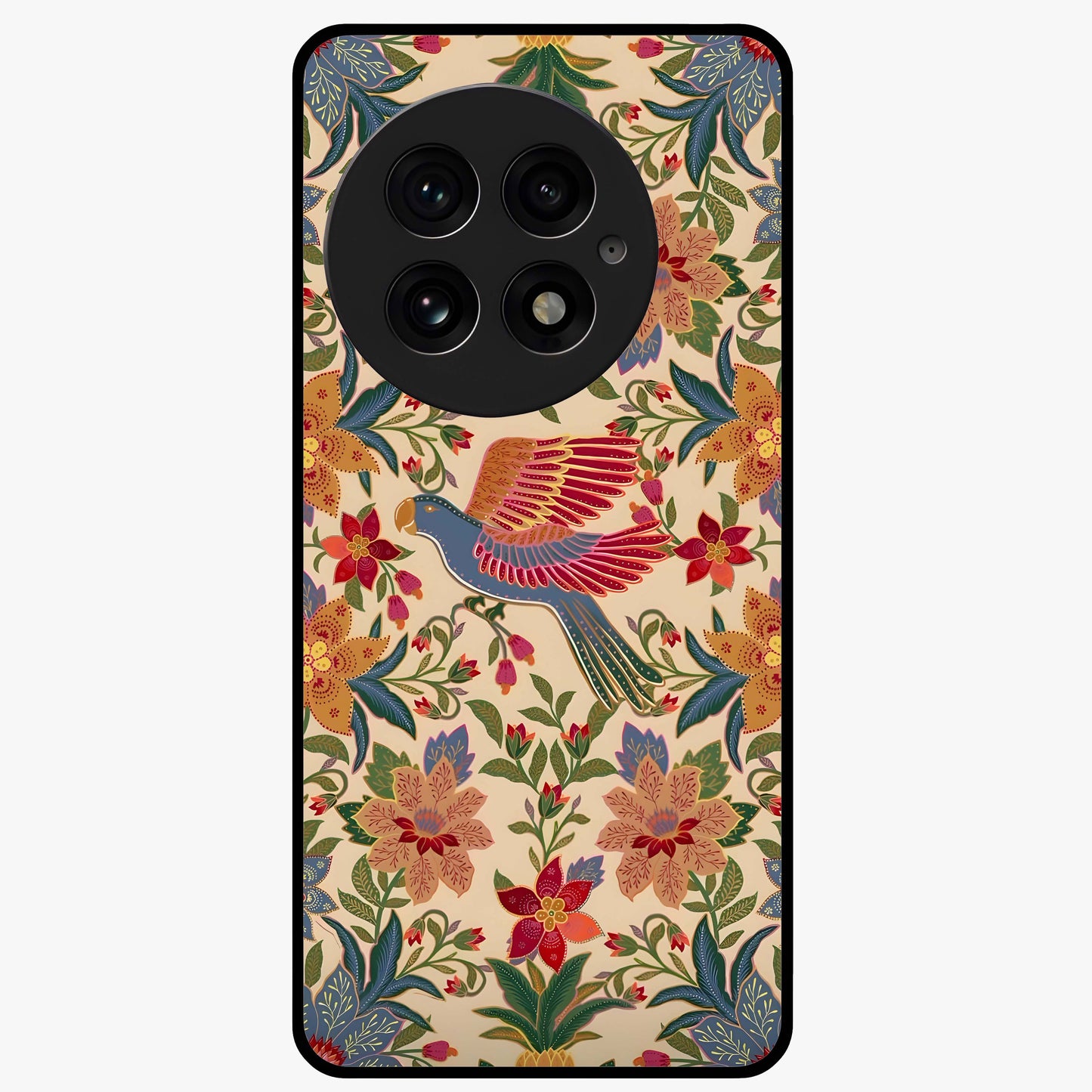 Tropical Folk Art Bird Glass Case for 1+13 artistic front view featuring colorful bird artwork in folk style