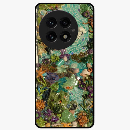 Underwater Mosaic Art Glass Case for 1+13 artistic front view featuring mosaic inspired underwater artwork