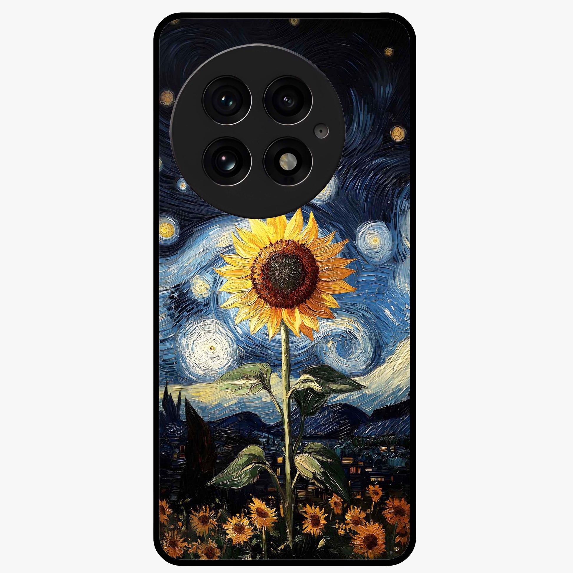 Van Gogh Sunflower Glass Case for 1+13 vibrant front view featuring sunflower artwork in painterly style
