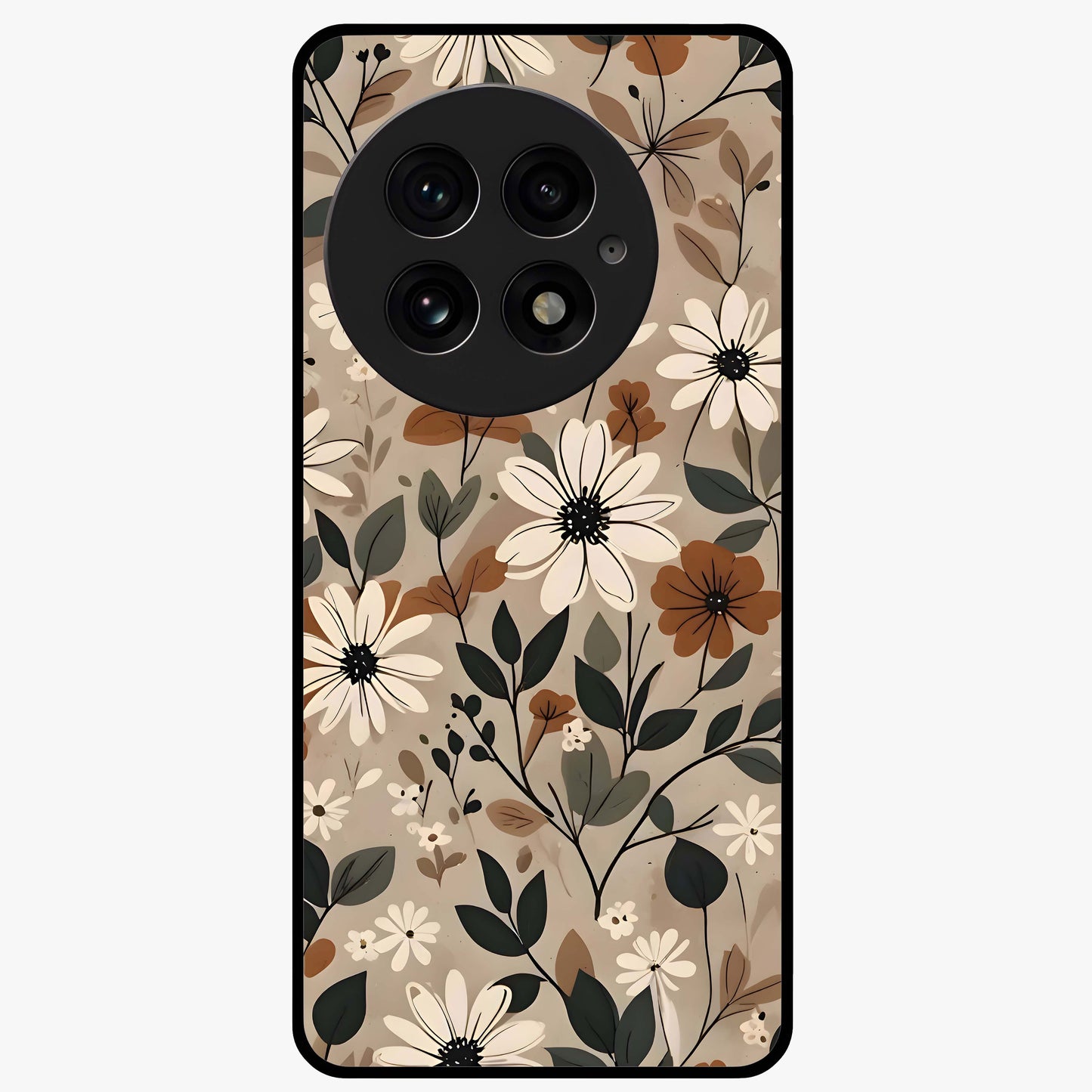 Vector Flowers Glass Case for 1+13 clean front view featuring sharp vector style floral artwork