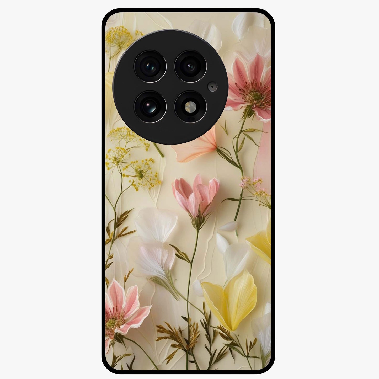 Whispering Petal Harmony Glass Case for 1+13 elegant front view featuring soft floral artwork in pastel tones