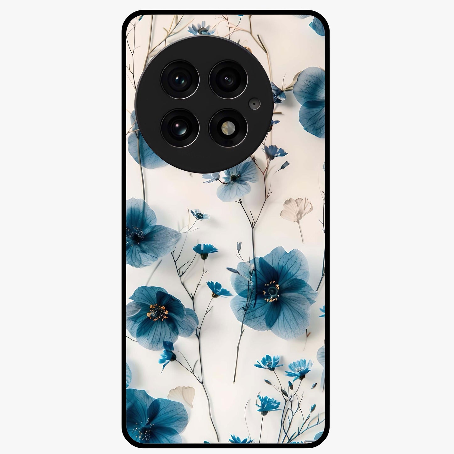 Whispers of Blue Bloom Glass Case for 1+13 vibrant front view featuring blue floral artwork with soft glow